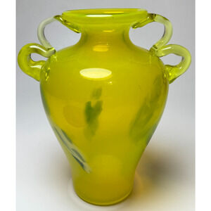 Hand Blown 7" Yellow Art Glass Vase w/ Applied Double Handles UV GLOWS READ